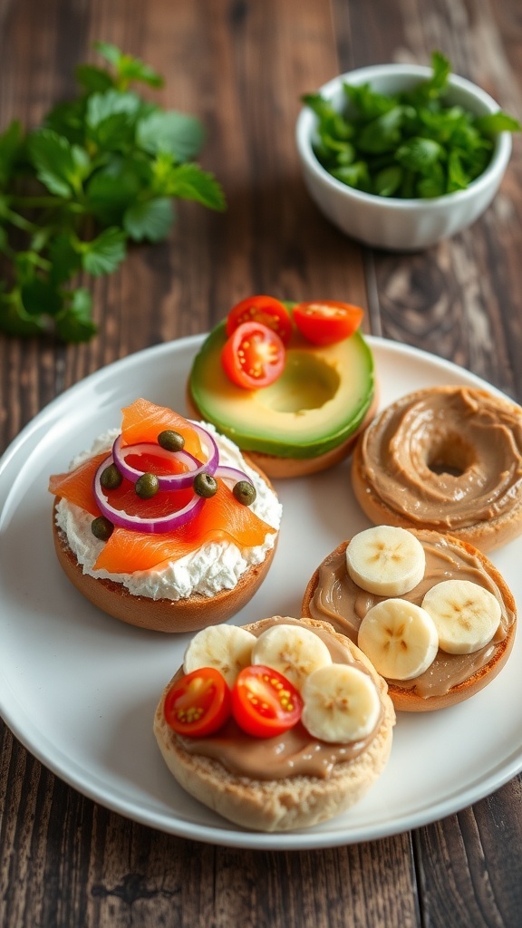A variety of bagels with different toppings including smoked salmon, avocado, and peanut butter on a wooden table.